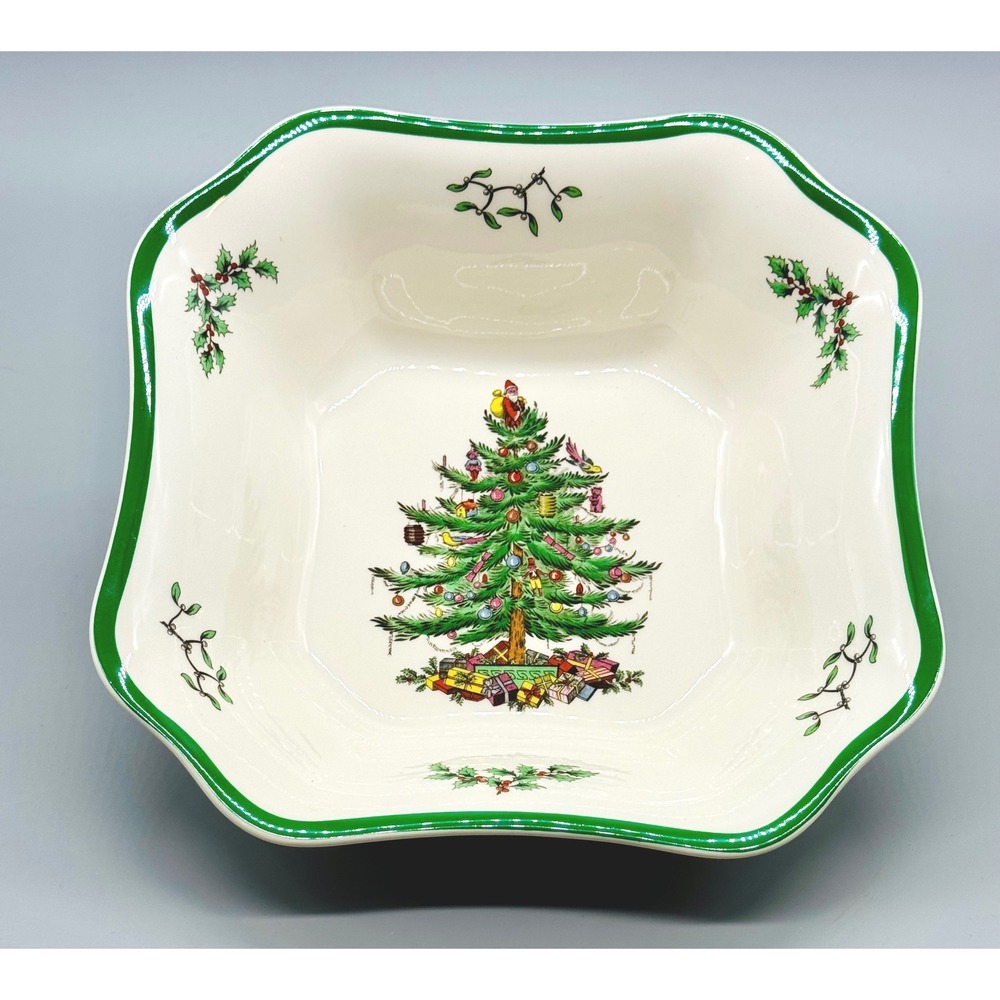 Spode Square Vegetable Serving Bowl Christmas Tree S3324U Green Trim England